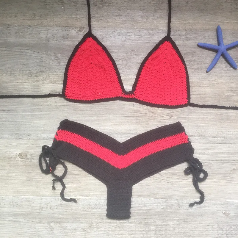 Вязаный крючком комплект бикини бандо с высокой талией купальник женский из двух