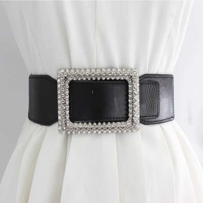 

Fashion Elastic Leather Wide Belt For Women Square Rhinestone Buckle Waist Strap Corset Girdle Female Waistband