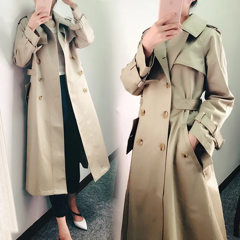 

Brand new Fashion 2021 Fall /Autumn Casual Double breasted Simple Classic Long Trench coat with belt Chic Female windbreaker