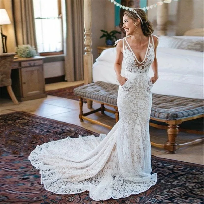 

2020 abiti da sposa Bohemia Backless Lace Pockets Mermaid Ivory Wedding Dress Court Train Beach Garden Bridal Gowns with Pocket