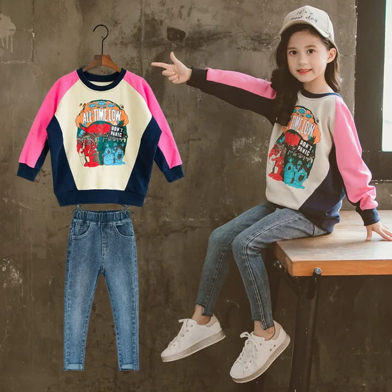 2019 осенний костюм с длинными рукавами для девочек хлопковый розовый свитер