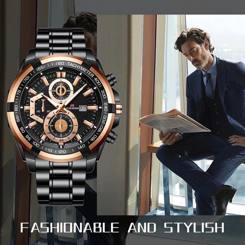

VAVA VOOM Men's Sports Watch Fashion Rose Gold Case Black Stainless Steel Strap Calendar Waterproof Quartz Watch Reloj de hombre