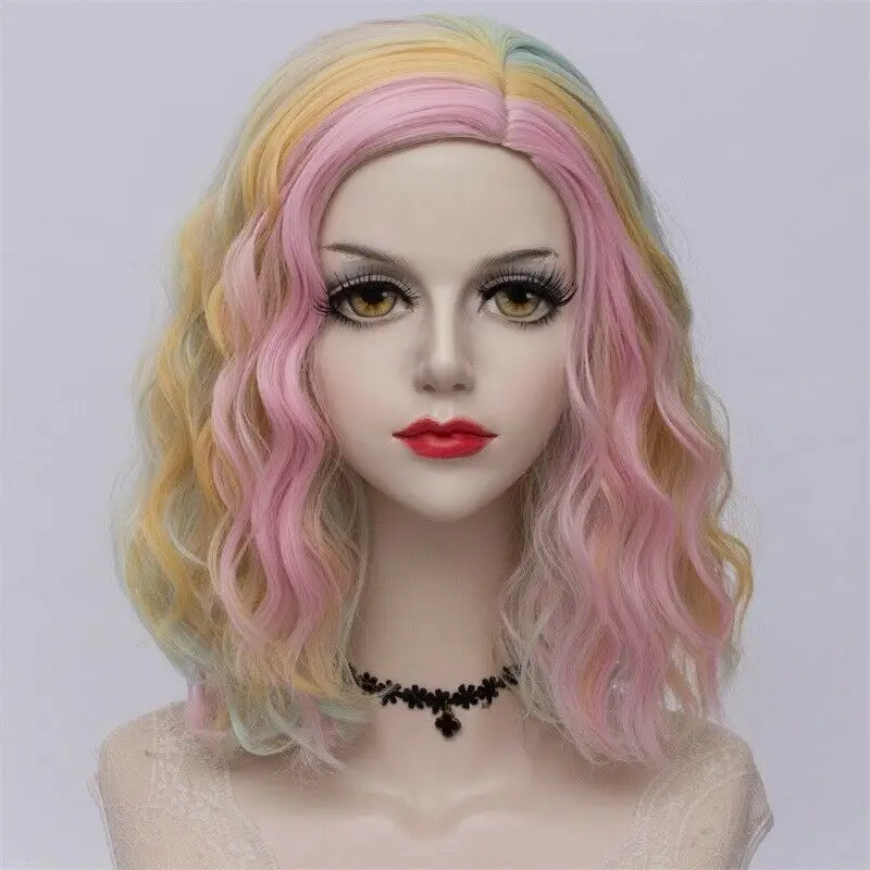pink yellow wig 27 стиль радуги многоцветные Хэллоуин 35 см вьющиеся синтетические парик Лолита Средний Омбре вечерние Косплей - Цвет: pink yellow wig