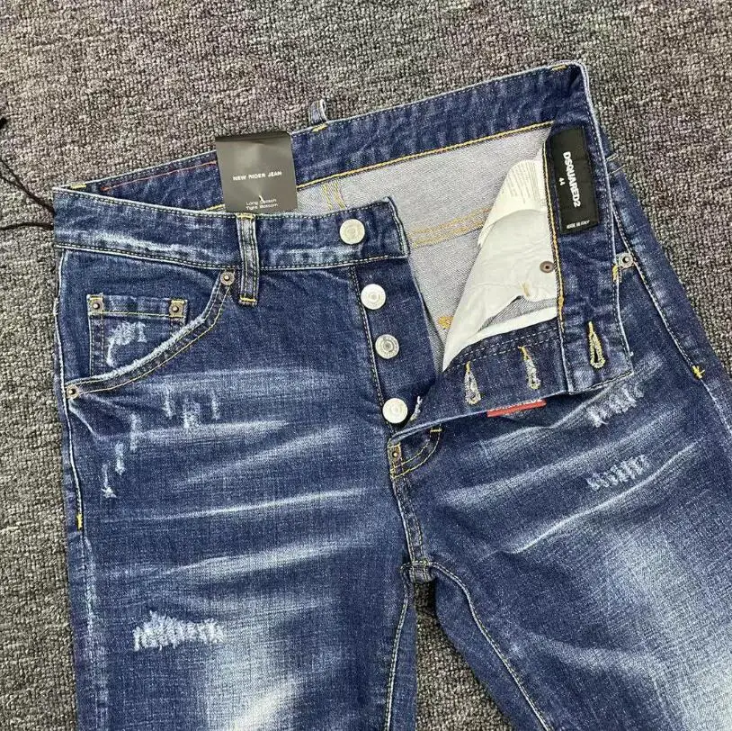 2021 New Trendy Brand Dsquared2 Men's Washed And Worn Ripped Paint Dot Motorcycle Jeans streetwear men DSQ078