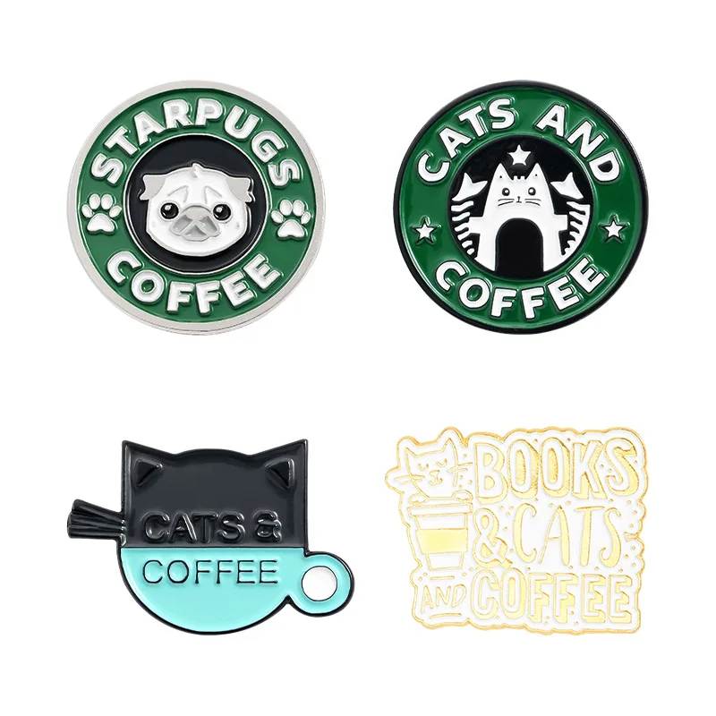 1 piece cartoon badge CATS COFFEE enamel alloy brooch cute puppy cat lapel pin clothing backpack scarf decoration accessories