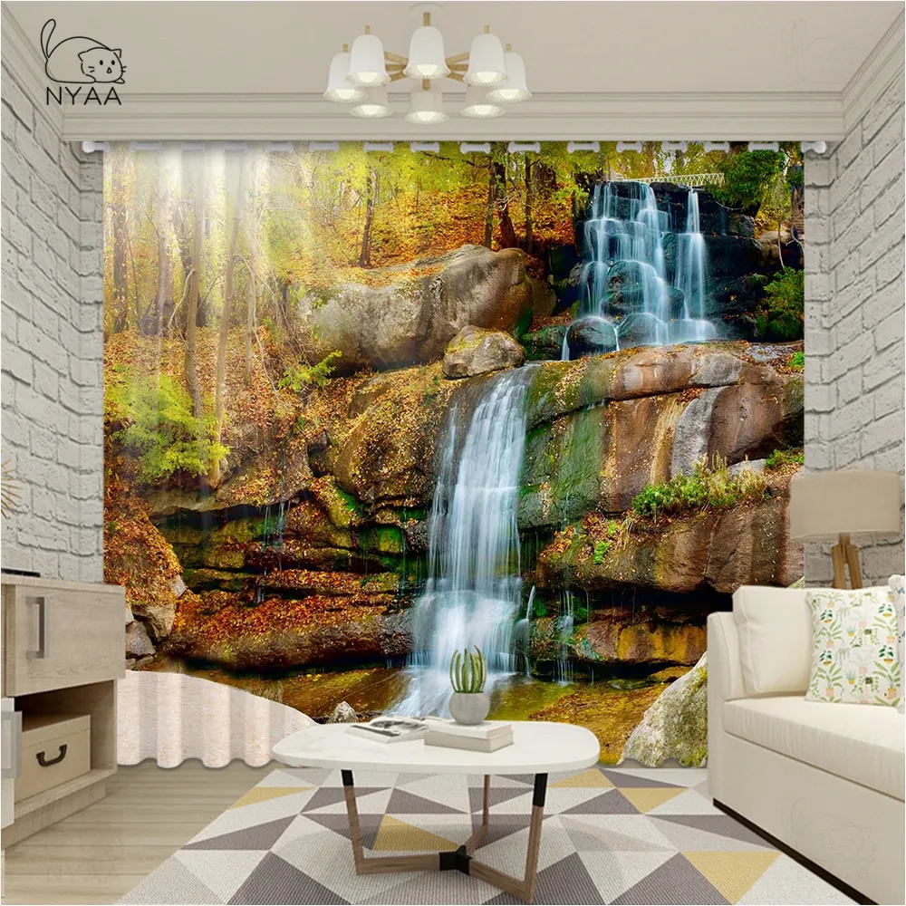 Занавеска занавеска водопад в горном лесу под большим небом|Занавески| |