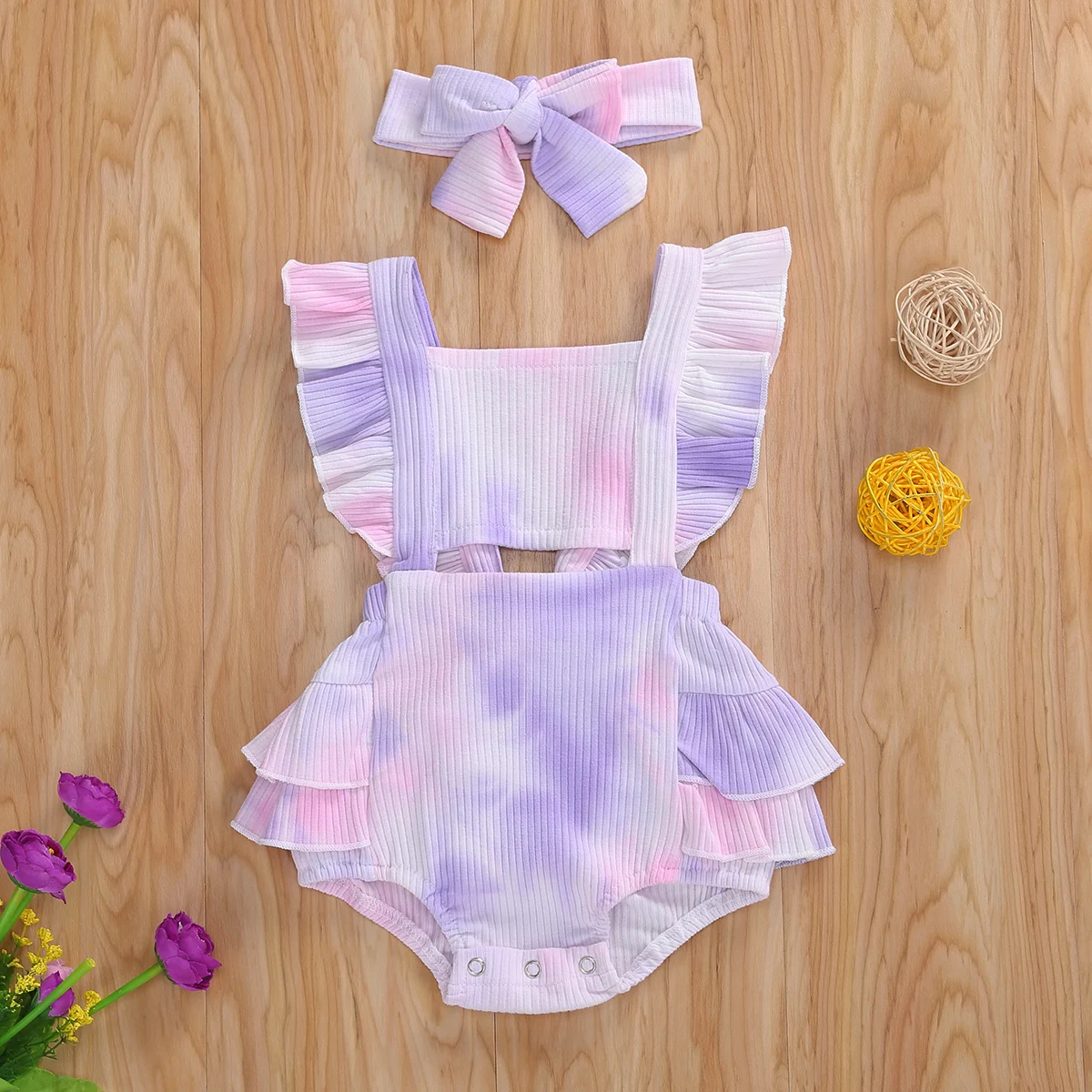 

Newborn Baby Girl Tie-dyed Ribbed Romper with Turban 2020 Summer Ruffle Bodysuit Two Pieces Suits For Infant Girls 0-24M