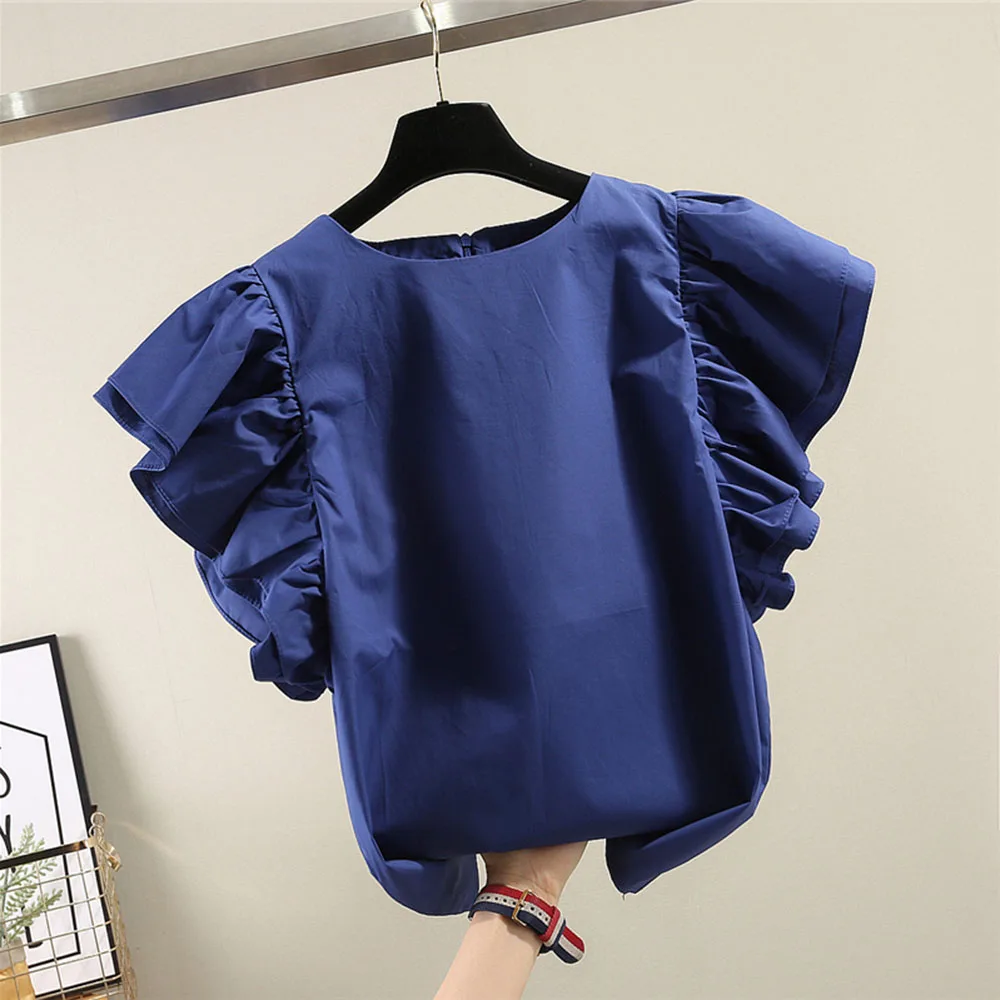 Корейская футболка с оборками Женская модная офисная круглым вырезом и коротким