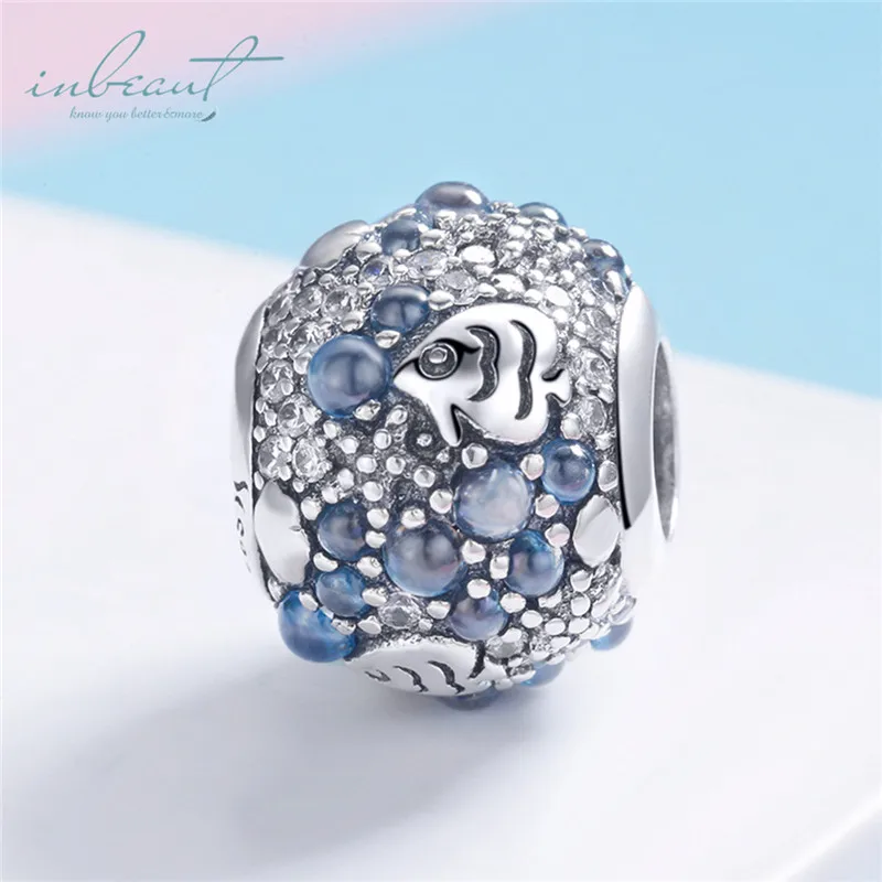 S925 серебро fit Pandora браслет милый морской бусины в виде рыбок 925 Синий Циркон подводная лодка коралловые Подвески для DIY ювелирные изделия подарок