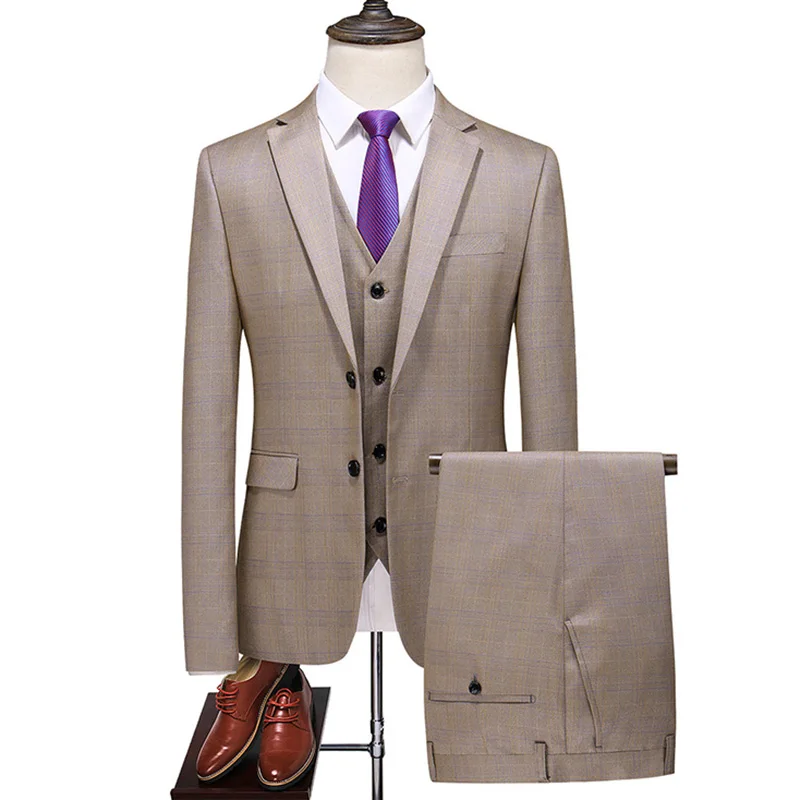 

Size 6XL ( Jacket + Vest + Pants ) New Fashion Boutique Plaid Casual Business Men's Suit Groom Wedding Dress Performance Tuxedo