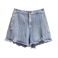 hodisytian women denim shorts summer short jeans crystal decoration elastic waist ripped jeans wide leg casual bottoms plus size