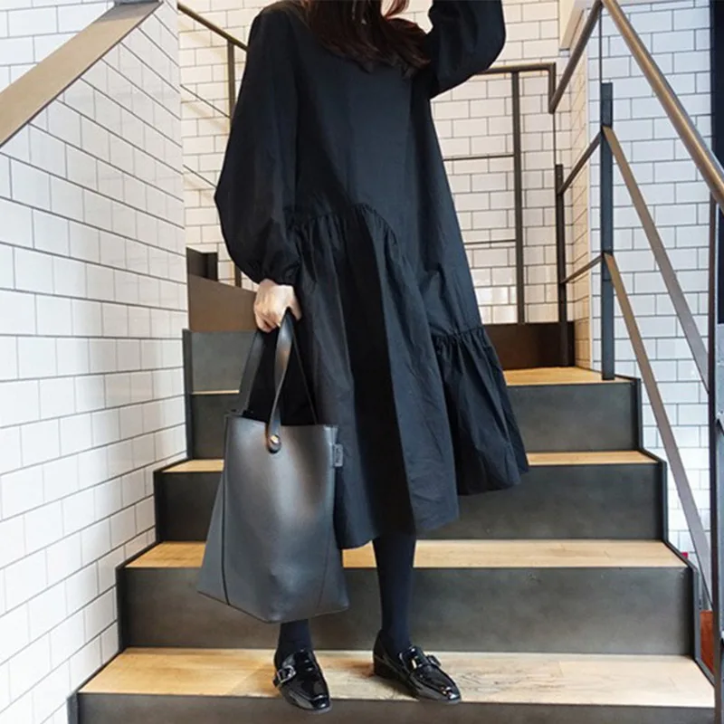 LANMREM однотонное женское платье с О образным вырезом корейское свободное средней