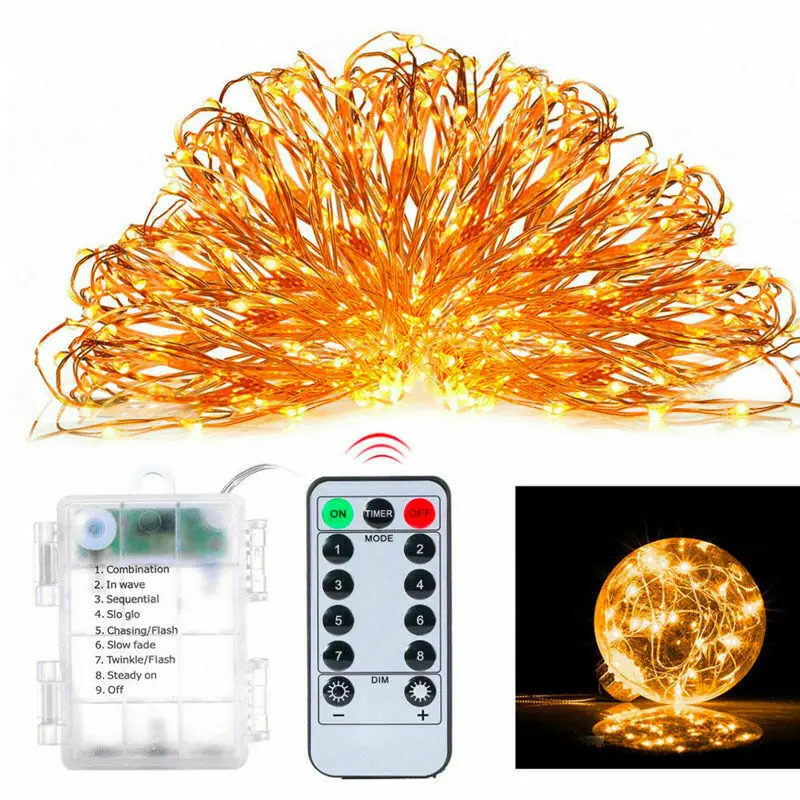 

5M/50 LED Outdoor Fairy Garland Battery Power Light copper String remote control Battery Powered 8 Function For xmas decor