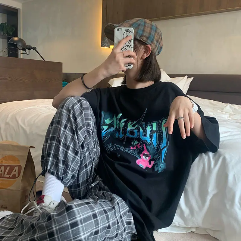 

Punk Letter Print Women T Shirt streetwear Short Sleeve Summer Tops Harajuku Loose vintage dropshipping black plus size clothes