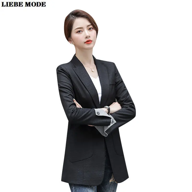 2020 Autumn Women's Long Blazers Solid Dark Light Grey Black Pockets Formal Suits Jackets Office Ladies Notched Outerwear Tops