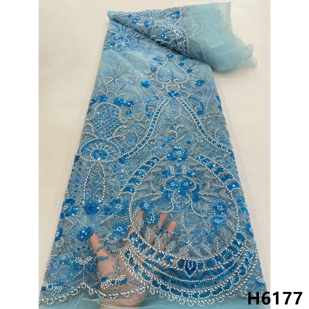 

Top Quality Sky Blue Handmade Beads Tulle Lace Nigerian Lace fabric 2022 African French Embroidery Lace For Party Dress HX6177