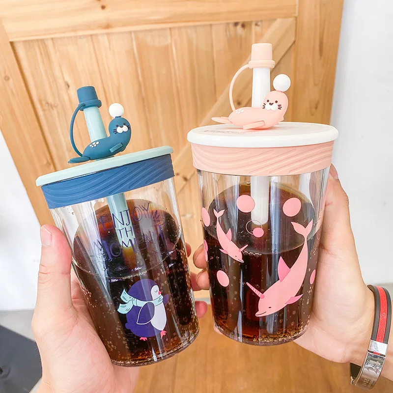 

Cartoon Creative Explosion Proof Plastic Cup With Straw Dust Plug Personalized Fashion Cute Sealed Straw Cup Fresh Gift Cup