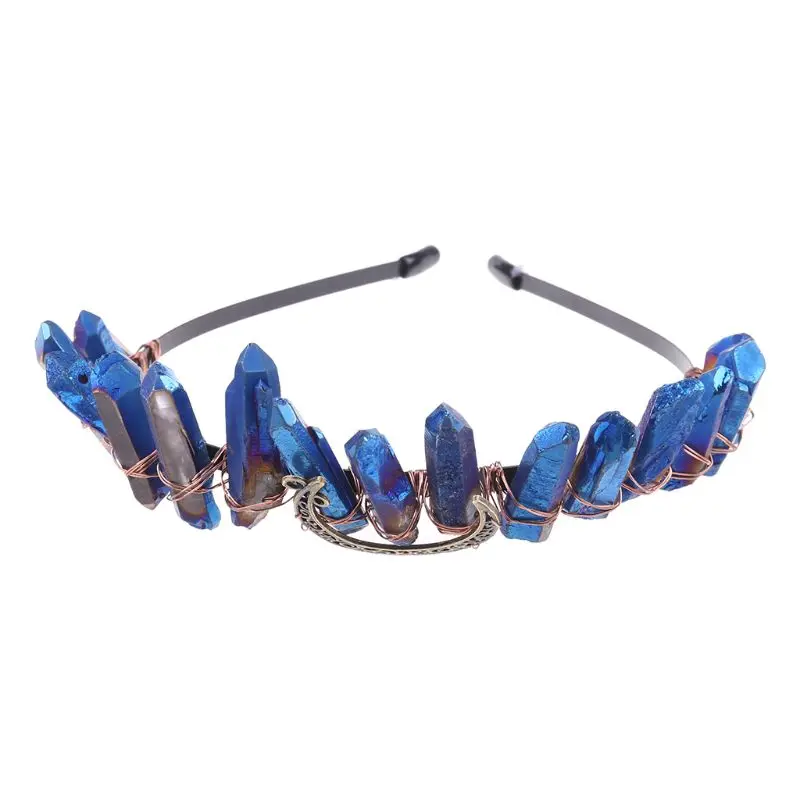 

Boho Vintage Witch Tiara Faux Raw Crystal Headband Alloy Moon Angel Aura Crown H8WD