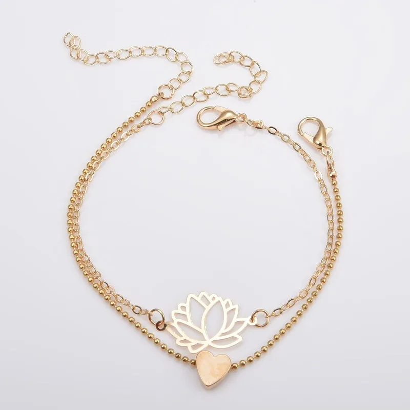 new lotus ankle bracelet for women boho summer beach double chain heart anklets on the leg foot jewelry | Украшения и аксессуары
