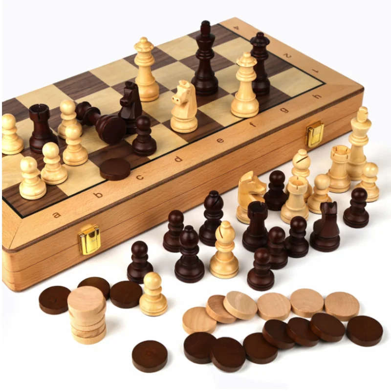 

Two-in-one Chess High-grade Solid Wood Wooden Folding Chess Board Weighted Game Chess 42X42cm King Height 8cm