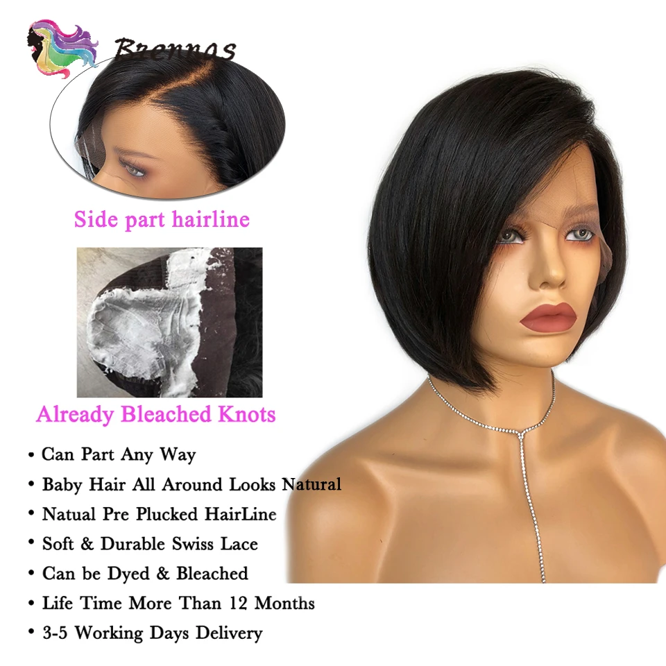 Бразильские человеческие волосы Remy, прямые, короткие, Боб, парик на кружеве, боковая часть, парик на шнурке, предварительно выщипанные, отбеленные, knotes 8-16 дюймов для женщин