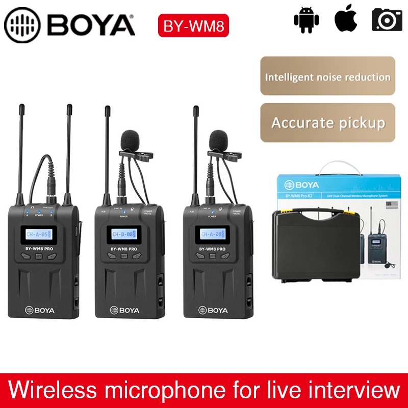

Беспроводной микрофон BOYA BY-WM8 Pro K1 K2, микрофон для интервью с двумя ВЧ, аудио, видео рекордер, ресивер с микрофоном для камер Canon, Nikon, Sony