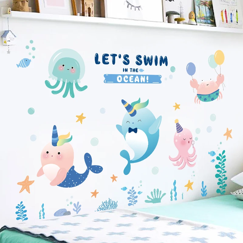 Cartoon Ocean PVC Wall Stickers for Kids rooms Bathroom Nursery Decor Waterproof Vinyl Baseboard Decals Art Home Decoration | Дом и сад