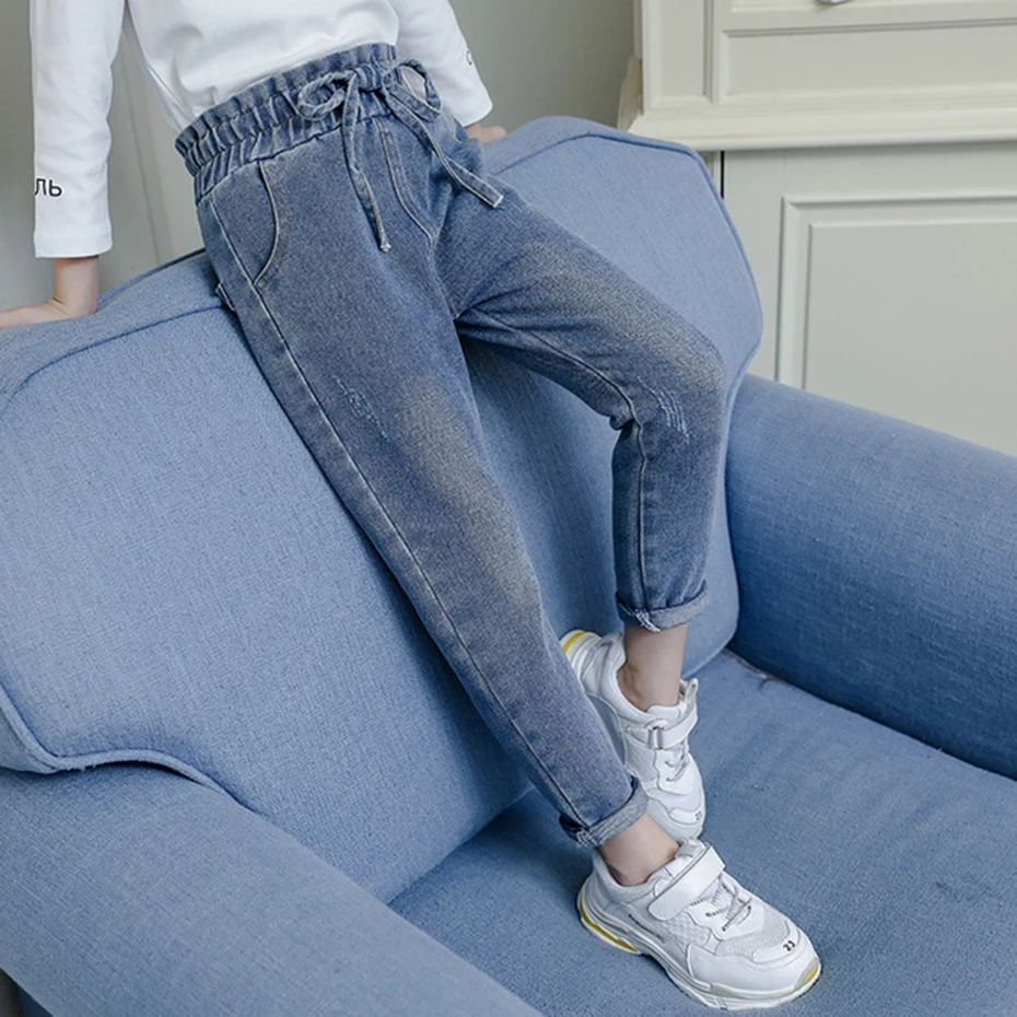 Джинсы для девочек модные джинсы с бантом высокой талией детей осенняя