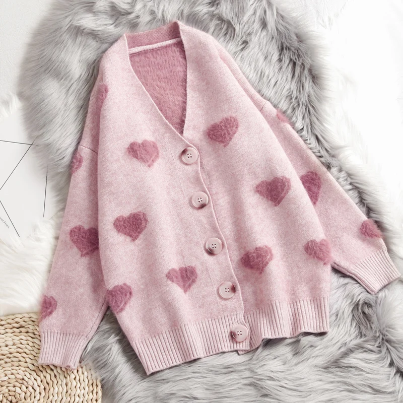 Pink Hirsionsan Cashmere Sweater Women Autumn Winter Knitted Cardigans Kawaii Heart Loose Clothes Oversized Soft Warm Pull Femme - Цвет: Pink