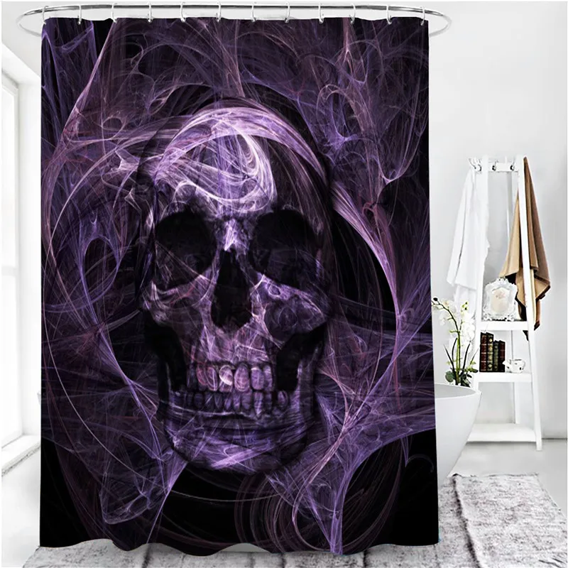 

Black Skull Skeleton Printed Shower Curtain Set Horrible Halloween Festival Bathroom Decor Pedestal Rug Lid Carpet Toilet Cover