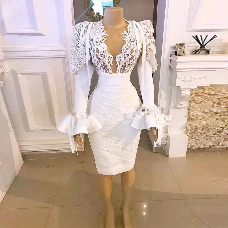 

White Short Prom Dress Mermaid Long Sleeves 2021 Dubai Arabic Evening Party Gowns Lace Applique Cocktail Dress Vestido