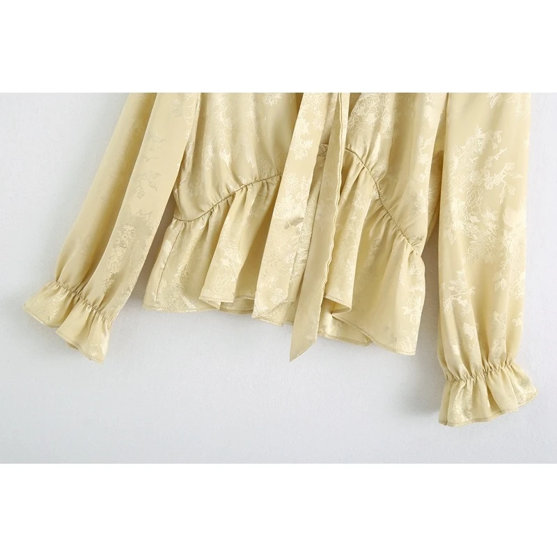 

YOSIBCD Women 2021 Fashion With Bow Ruffled Loose Jacquard Blouses Vintage V Long Sleeve Female Shirts Chic Tops