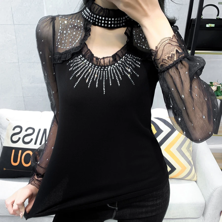2021 Сезон весна Новинка Модные тонкие футболка со стразами женские бриллиантами в