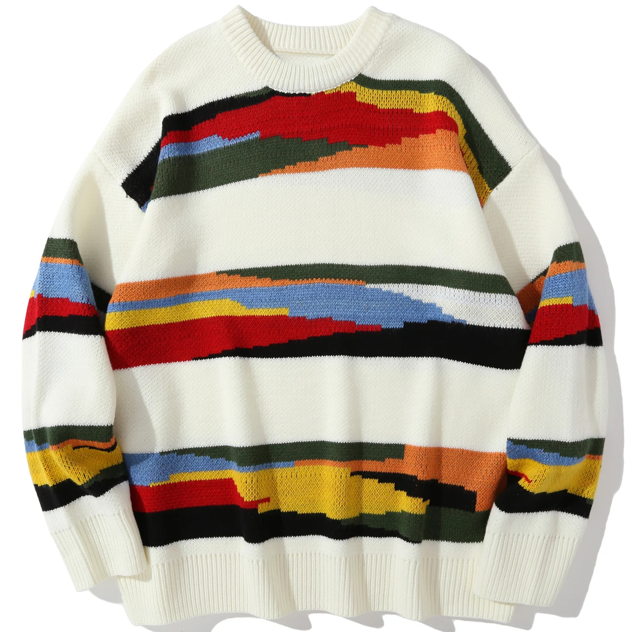 

Асимметричный полосатый свитер в стиле Харадзюку, осенне-зимний свитер для мужчин и женщин, хлопковый Повседневный вязаный пуловер, улична...