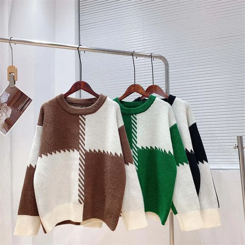 

DAYIFUN женский свитер в клетку с круглым вырезом, пуловер контрастного цвета в консервативном стиле, вязаное осенне-зимнее платье 2021, корейски...