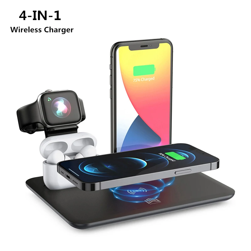 15W Беспроводная зарядная станция 4 в 1 для быстрой зарядки iPhone 12 11 XR X, Apple Watch 6 5 3, Airpods, Apple Pencil Charge on.