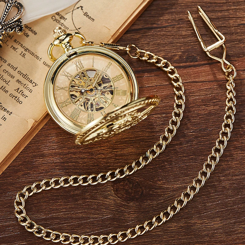 Gold Mechanical Pocket Watch Hollow Steampunk Train Engraved Hand Winding Watch Skeleton Fob Chain Necklace Pendant Clock