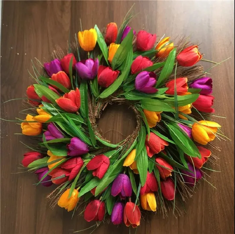 

Simulation Wreath Wreath Door Hanging Home Decoration Wreath Activity Scene Layout Rattan 45cm Tulip Wreath