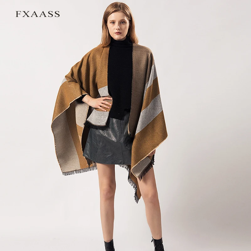 

FXAASS New Autumn Winter Shawl Fashion Poncho Women Cashmere Scarf for Lady Luxury Blanket Warm Pashmina Simple Stripe Cape