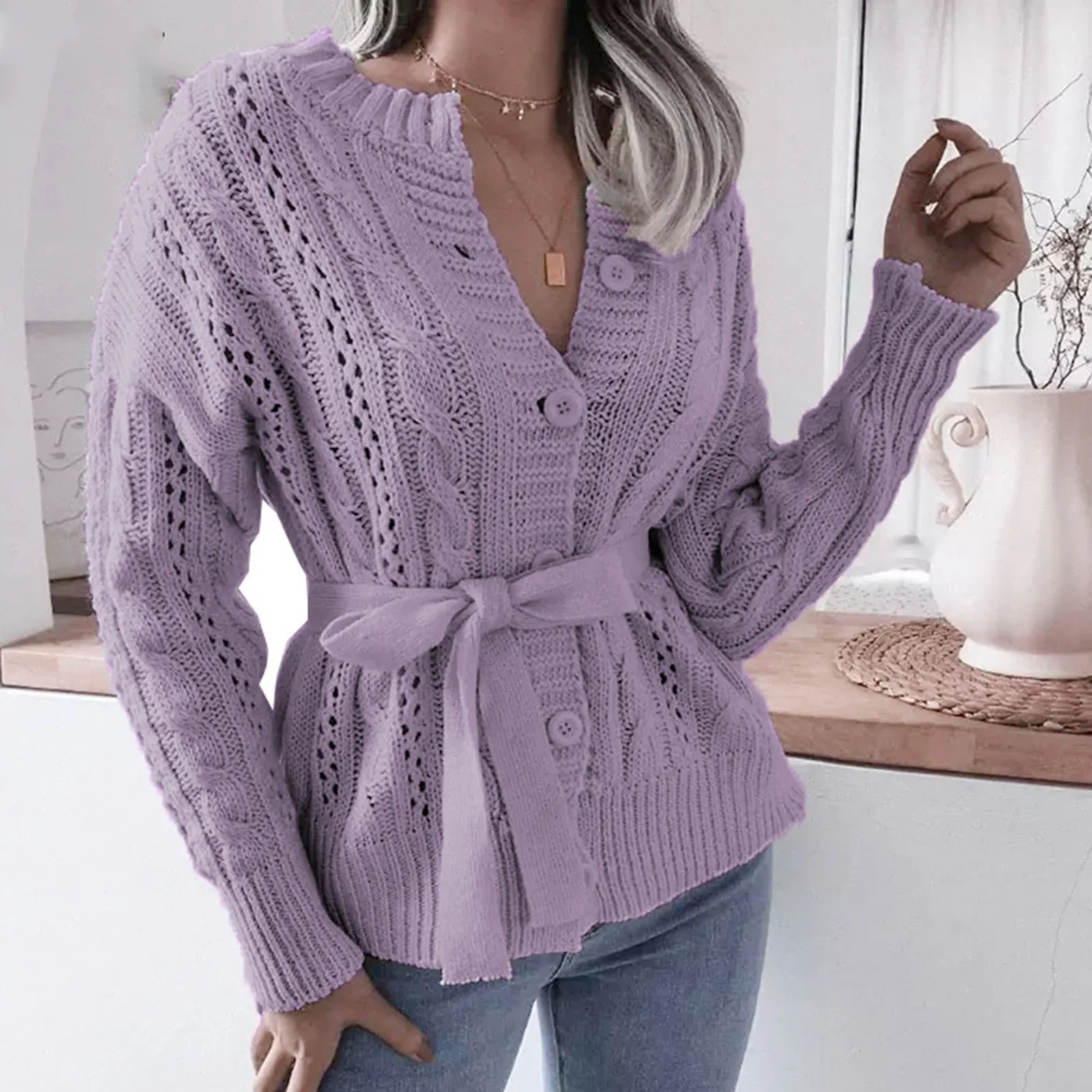 

Women's Sweater Autumn Casual V-neck Bandage Solid Long Sleeve Button Knitted Sweater Pullovers Jumper Sueter Mujer With Belt