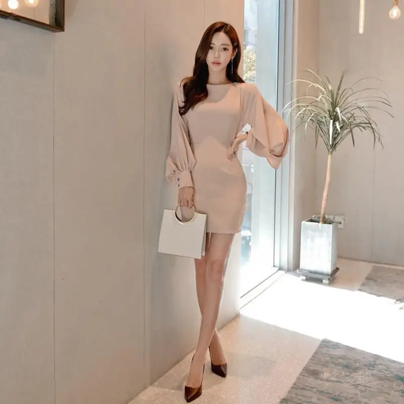 2019 осеннее женское однотонное мини-платье с круглым вырезом офисное платье