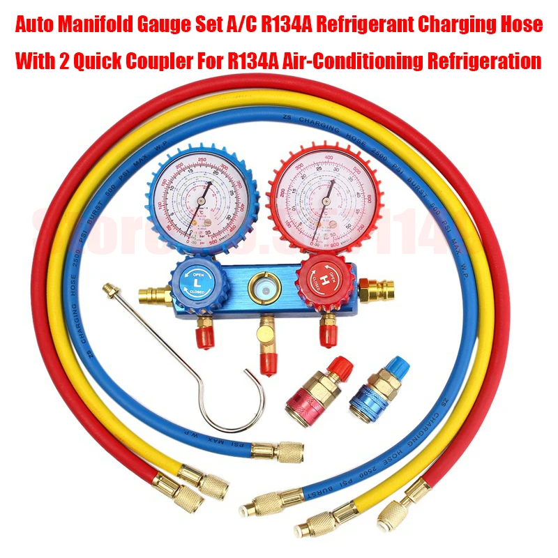 

Auto Manifold Gauge Set A/C R134A Refrigerant Charging Hose With 2 Quick Coupler For R134A Air-Conditioning Refrigeration