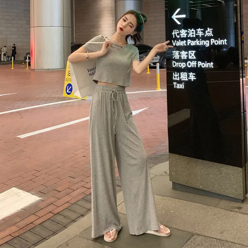 

Temperament two-piece summer new fashion Korean short-sleeved T-shirt with waist+high waist and slim wide-leg pants suit women