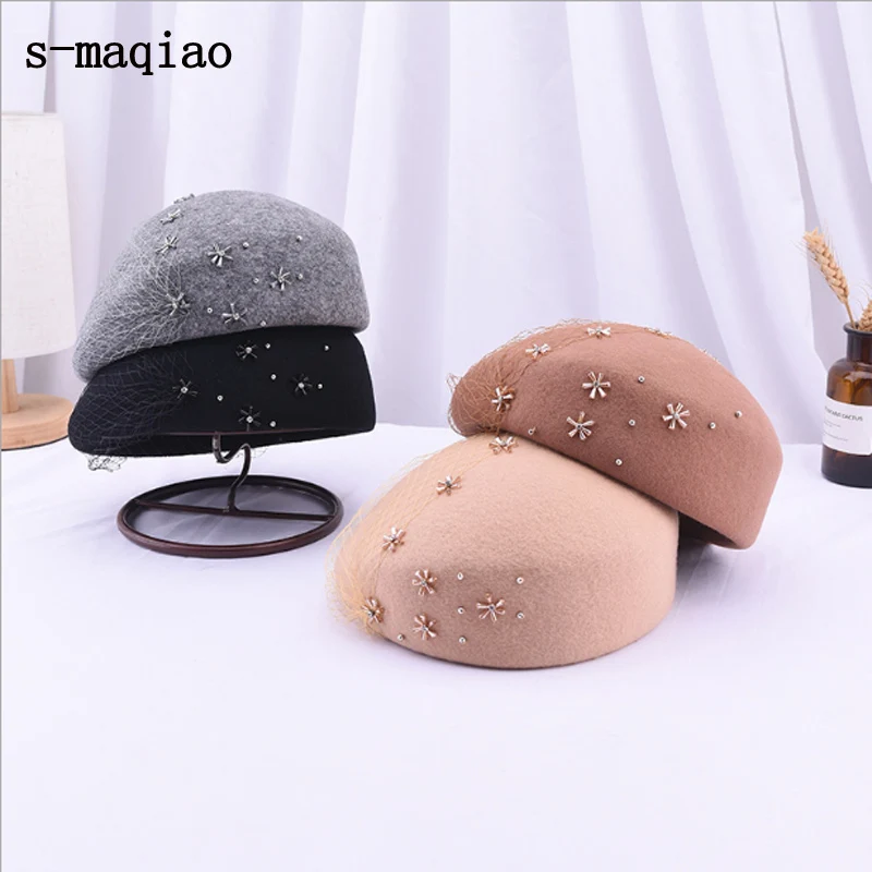 Берет из 100% шерсти фетровый женский Британская модная шляпа стразы вечерний