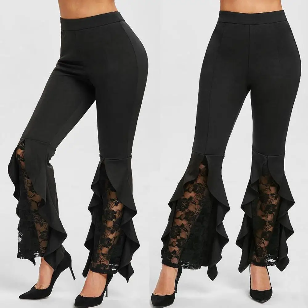 

Autumn Fashion Womens Solid High Waist Lace Splice Ruffle Flares Casual Pants Plus Size Long Slim Fitting Pants Bottoms PF3M