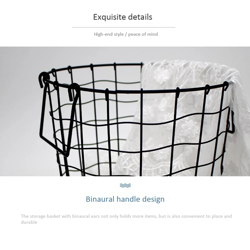 

Wrought Iron Black Storage Basket with Handle Mesh Dirty Clothes Basket Home Storage Basket