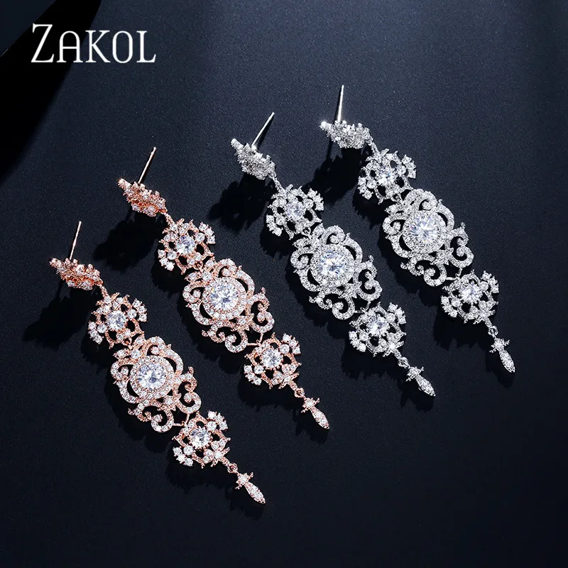 ZAKOL Роскошные циркониевые Свадебные Висячие серьги для женщин модные свадебные