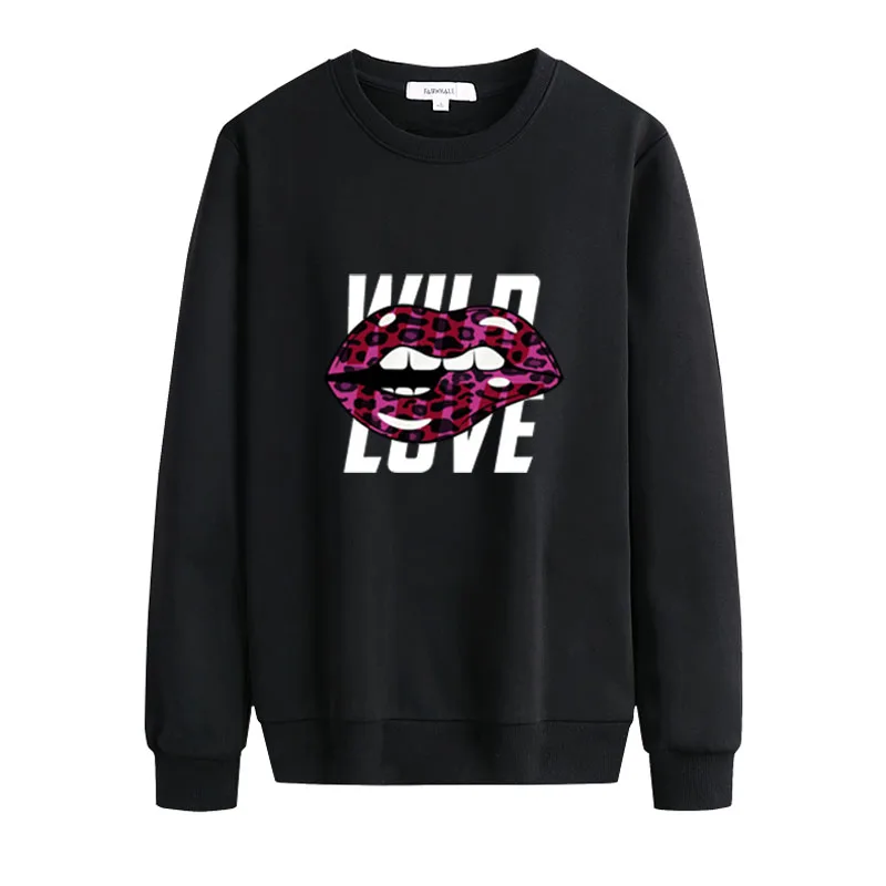 

Women Sweatshirt Letters Leopard Lips Print Couple Hoodies Autumn Winter Long Sleeve O-Neck Loose Sport Pullover Tops