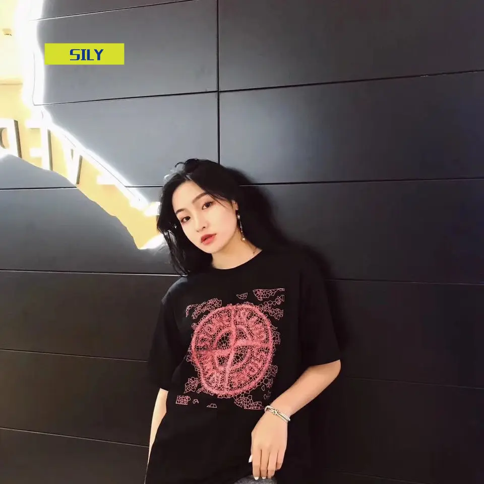 

European and American Fashion Stone Chest Crack Large Printing Male and Female Couple Short Sleeve G Pure Cotton Island