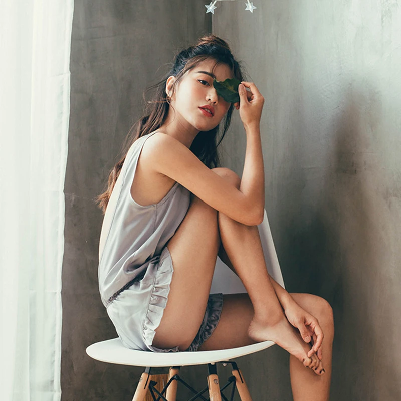 

Women's Full Body Pajama Ice Silk Summer Sleeveless Backless Ladies Sexy Sleepwear Pijama Stitch for Female 2021 Fashion